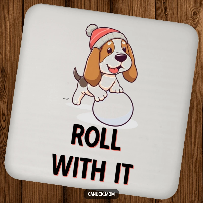 Funny Basset Hound Coaster: A dog tripping over a snowball, protecting surfaces with humor.