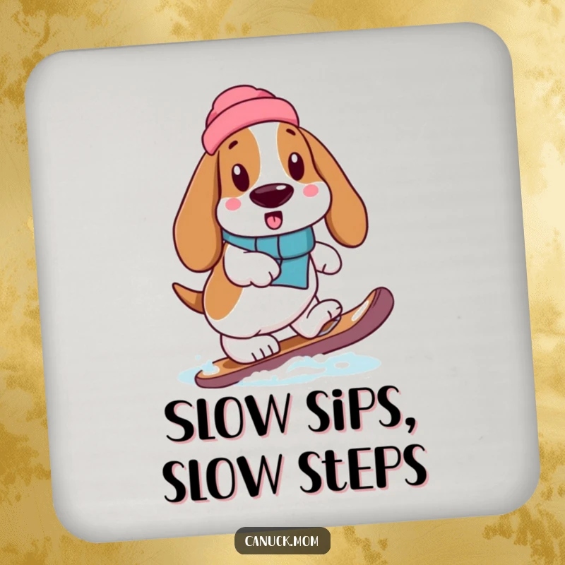 Funny Basset Hound in a snowshoe, stepping with exaggerated care, designed as a humorous drink coaster.