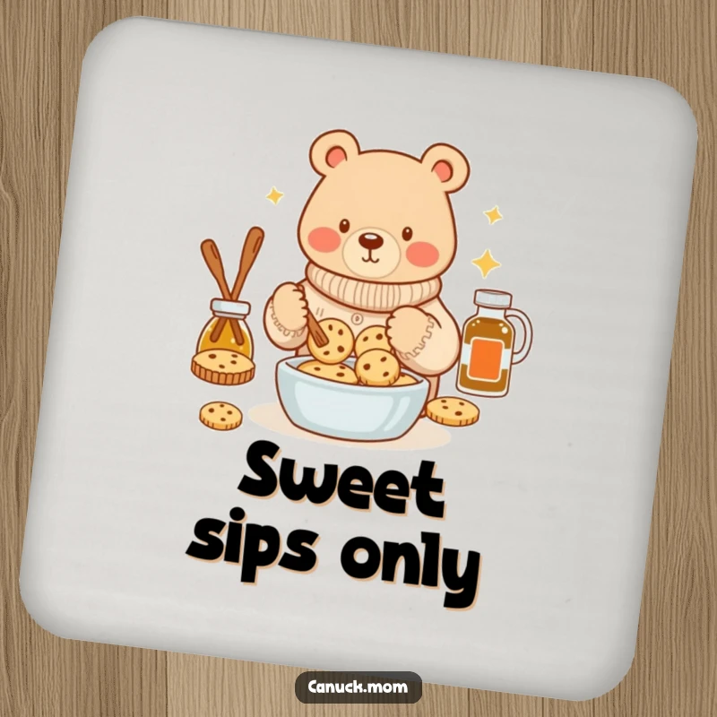 Funny bear in a cozy sweater baking maple syrup cookies on a drink coaster, adding sweet, practical humor to tables.