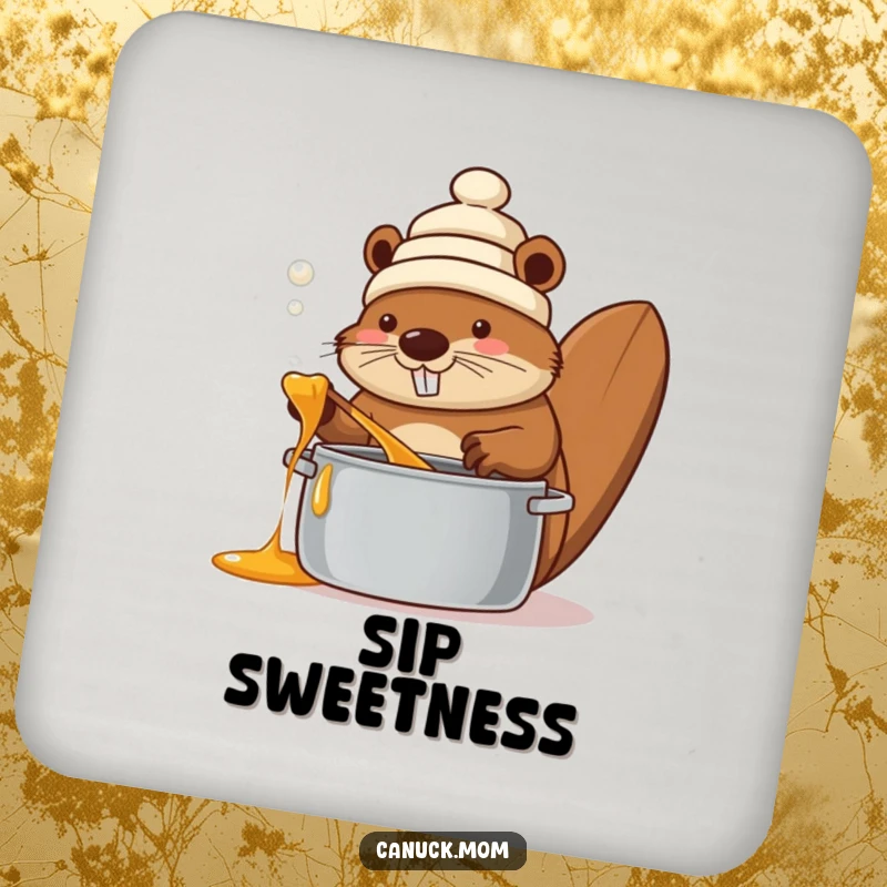 Funny beaver wearing a toque, stirring a pot of maple syrup, depicted on a set of drink coasters, adding cute protection.