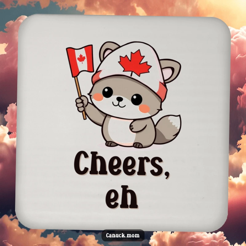 Funny Canadian animal character wearing a toque, waving a tiny Canadian flag, on a drink coaster, a small funny gift.