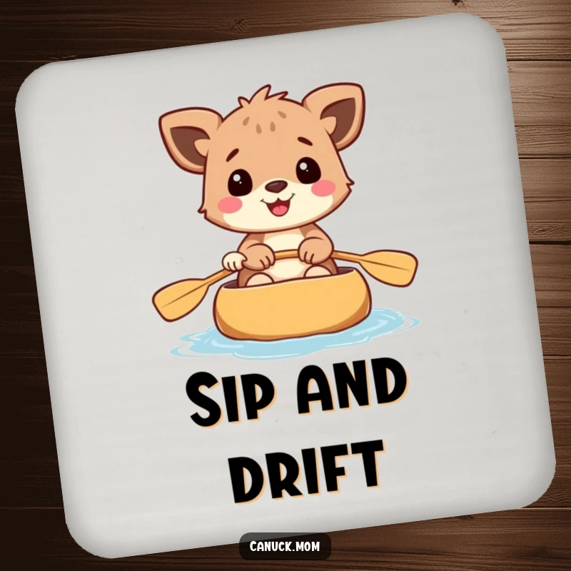 Funny drink coaster depicting a cheerful animal paddling a canoe, adding a touch of humor to surfaces.