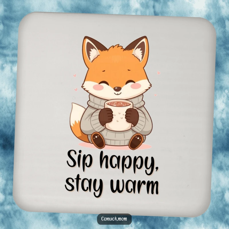 Funny Fox Cocoa Coaster: A smiling fox in a cozy sweater sips hot cocoa, offering charming protection for surfaces.
