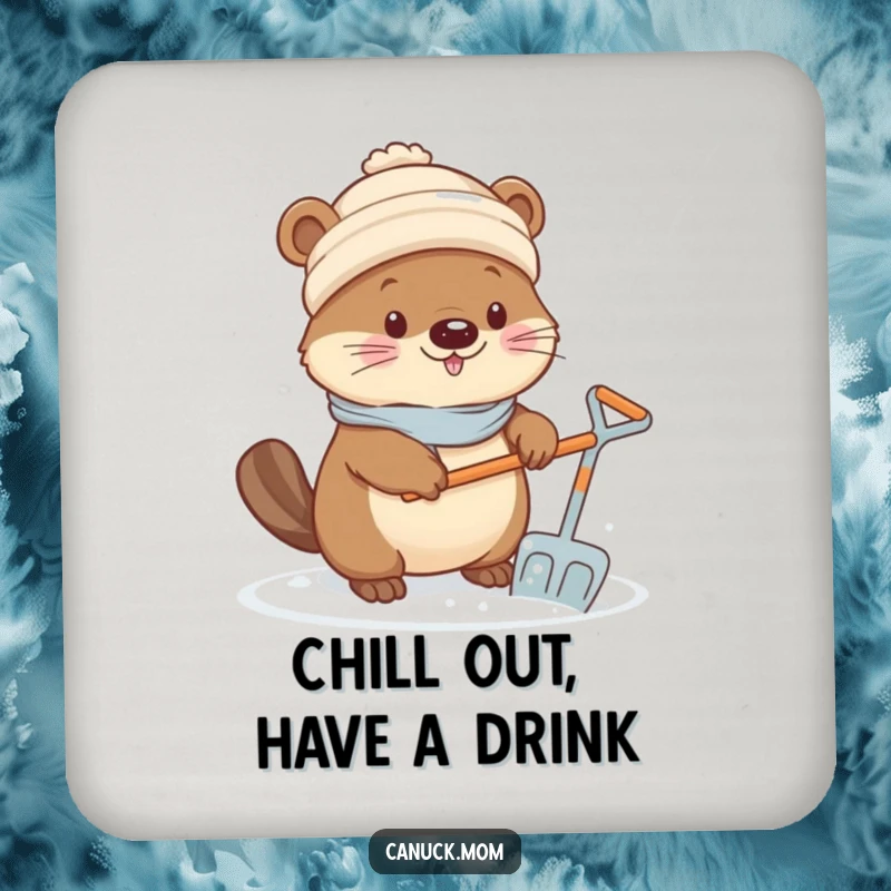 Funny Kawaii Beaver Coasters: A set of charming coasters depicting a cute beaver in a toque shoveling snow.