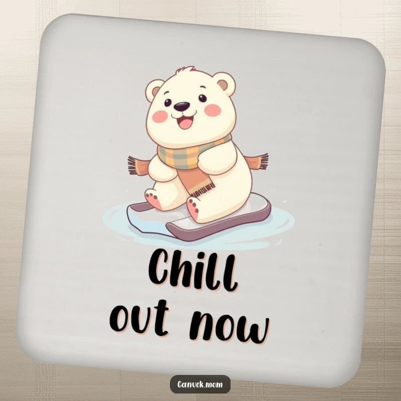 Funny kawaii baby polar bear on a scarf, sliding on ice, designed as a protective drink coaster.