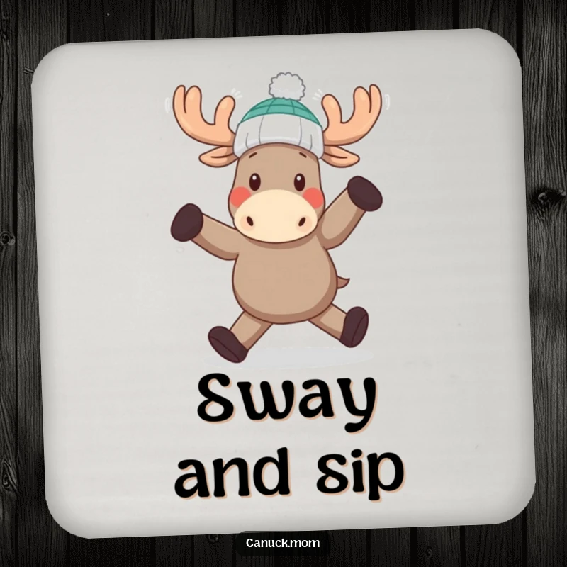 Funny Moose Dance Coaster: A decorative coaster featuring a moose in a toque, mid-dance, adding humor to any surface.
