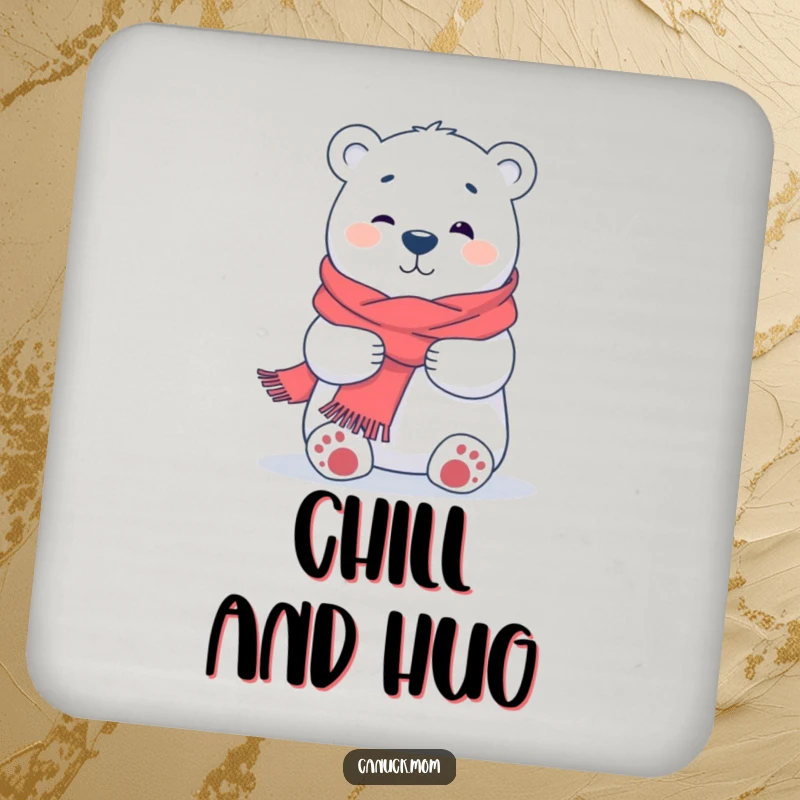 Funny Polar Bear Hug Coaster, a decorative coaster featuring a cartoon polar bear in a scarf, offering a warm hug, protects tables.