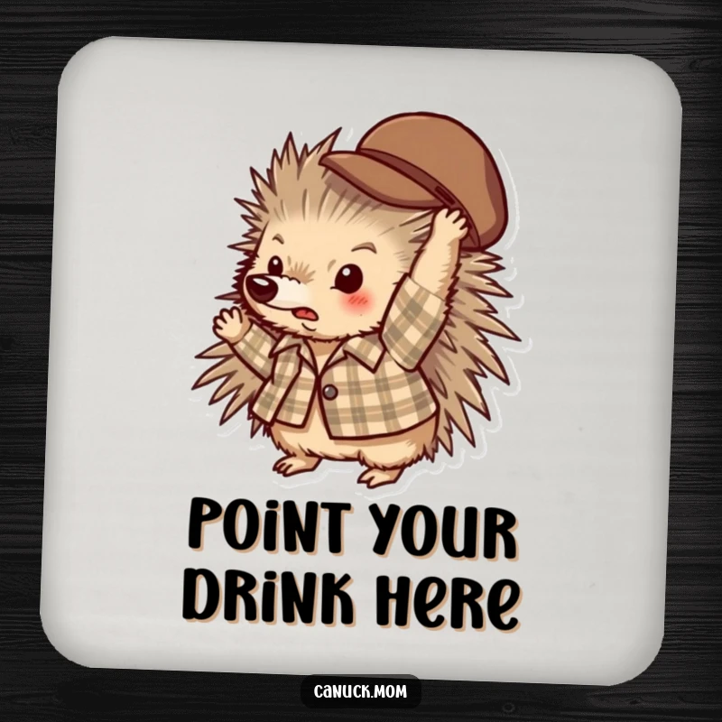 Funny porcupine wearing a plaid shirt, tossing a hat, protective and decorative drink coaster.