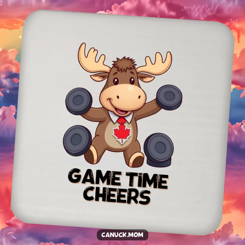 Funny moose wearing a maple leaf tie, juggling hockey pucks, protecting surfaces with sporty flair.