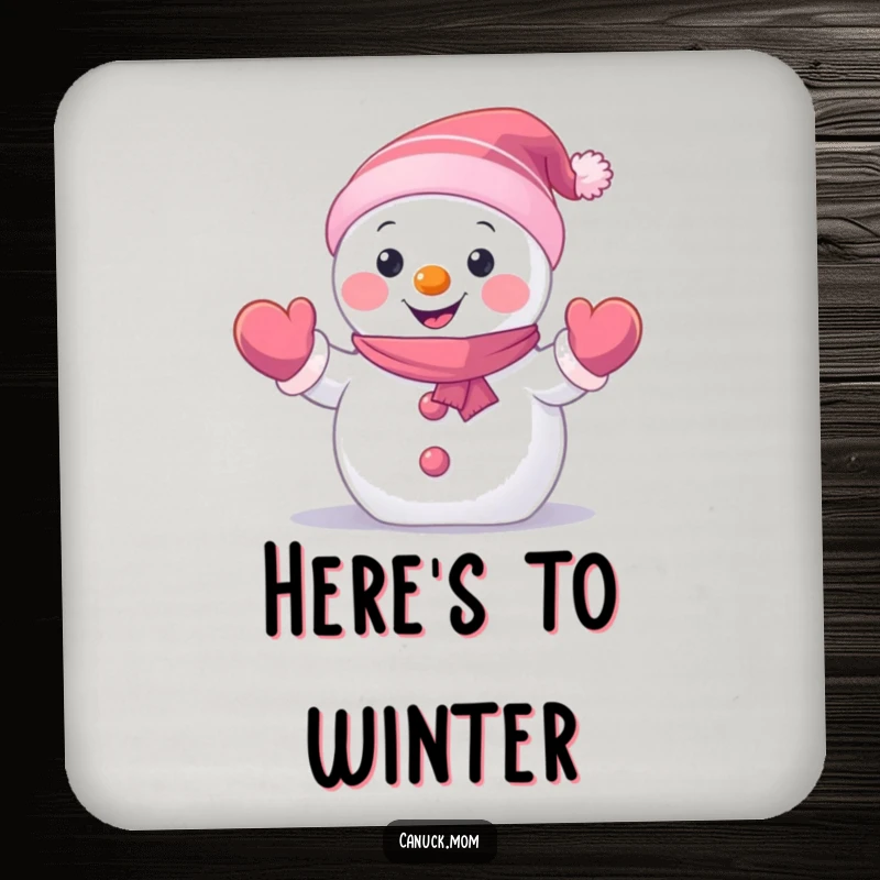 Funny Snowman Coaster showing a happy, small snowman character wearing mittens and waving hello, protecting surfaces with charm, a funny gift.
