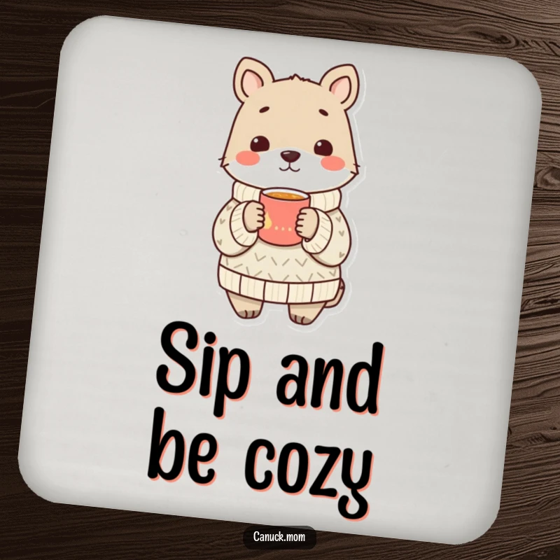 Funny animal wearing a cozy sweater shares a warm drink, a humorous and protective drink coaster.