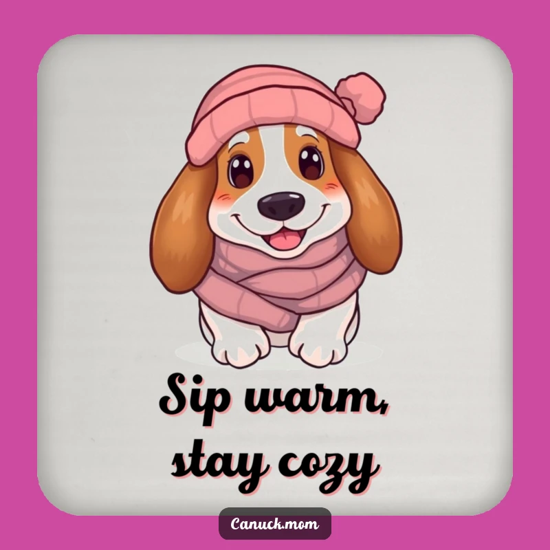 Funny Cozy Basset Hound Coaster: Winter Dog Style, Protect Surfaces Funny Gift