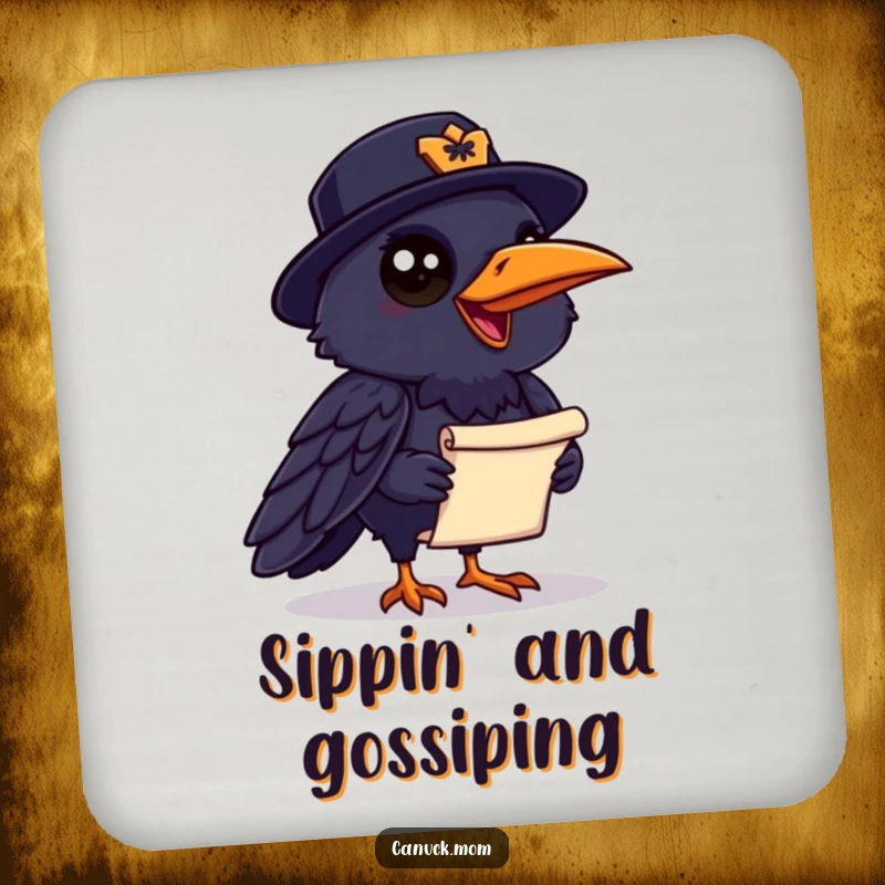 Funny Raven Mountie Coaster: A chatty raven in a Mountie hat holds a scroll, offering humorous protection for surfaces.