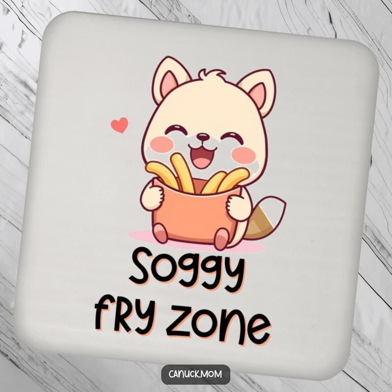 Funny drink coaster featuring a smiling animal character holding a plate of poutine. A humorous and practical gift for table protection.