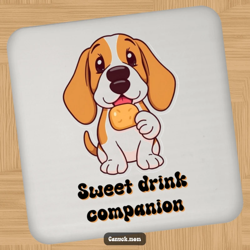 Funny Basset Hound coaster showing a delighted dog holding a Timbit, protecting surfaces with heartwarming joy.