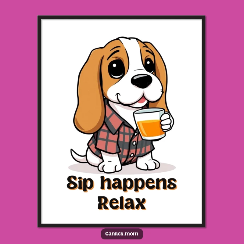 Adorable Funny Basset Hound Poster - Plaid Shirt Tea Time Art, Perfect Funny Gift