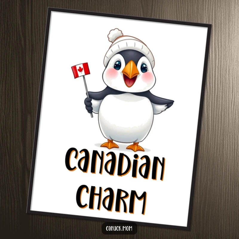 Funny Puffin Canada Poster: A joyful puffin wearing a tiny toque holds a mini Canadian flag, perfect for Canadian-themed decor.