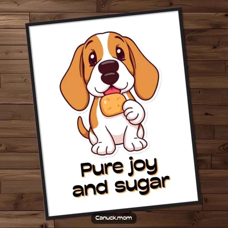 Funny Basset Hound poster illustrating a delighted dog holding a Timbit, adding a touch of pure joy.