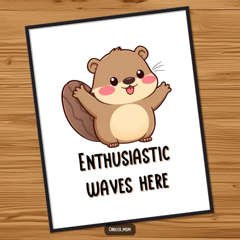 Funny poster depicting an animal with a beaver tail waving enthusiastically, bringing a cheerful and welcoming illustration to any wall.