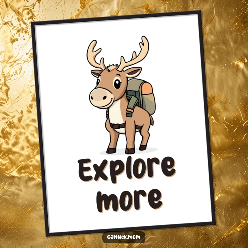 Funny determined caribou with a backpack, ready for adventure, as inspiring wall art on a poster.