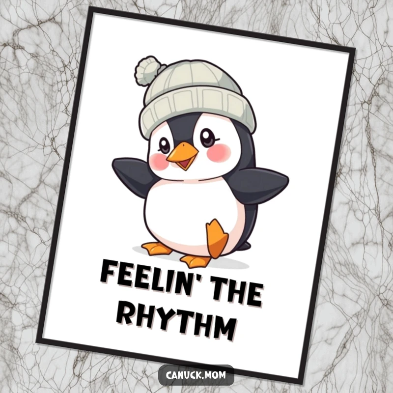 Funny Puffin Hat Poster: A cheerful puffin in a knit hat taps its foot with enthusiasm, creating vibrant and humorous wall art.
