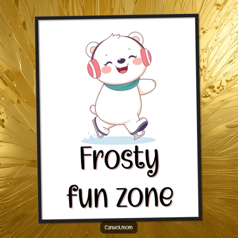 Funny polar bear wearing earmuffs giggling joyfully while ice skating, a vibrant and humorous wall art piece.