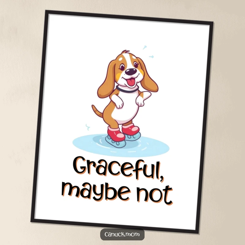 Funny Basset Hound Poster showing a dog on skates, wobbling comically on ice, great for adding humor to decor.