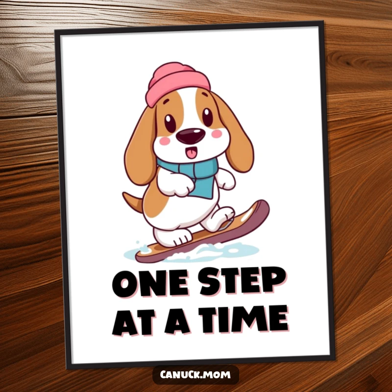 Funny Basset Hound in a snowshoe, stepping with exaggerated care, depicted in this humorous wall art poster.