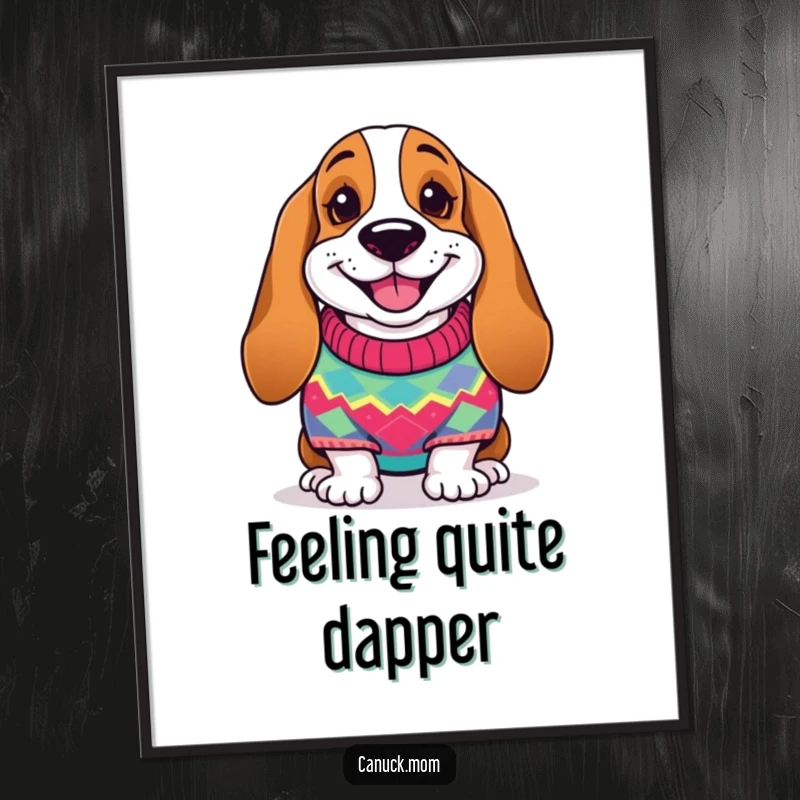 Funny Basset Hound Poster: A happy dog wearing a colorful knitted sweater, exuding warmth and cheer.