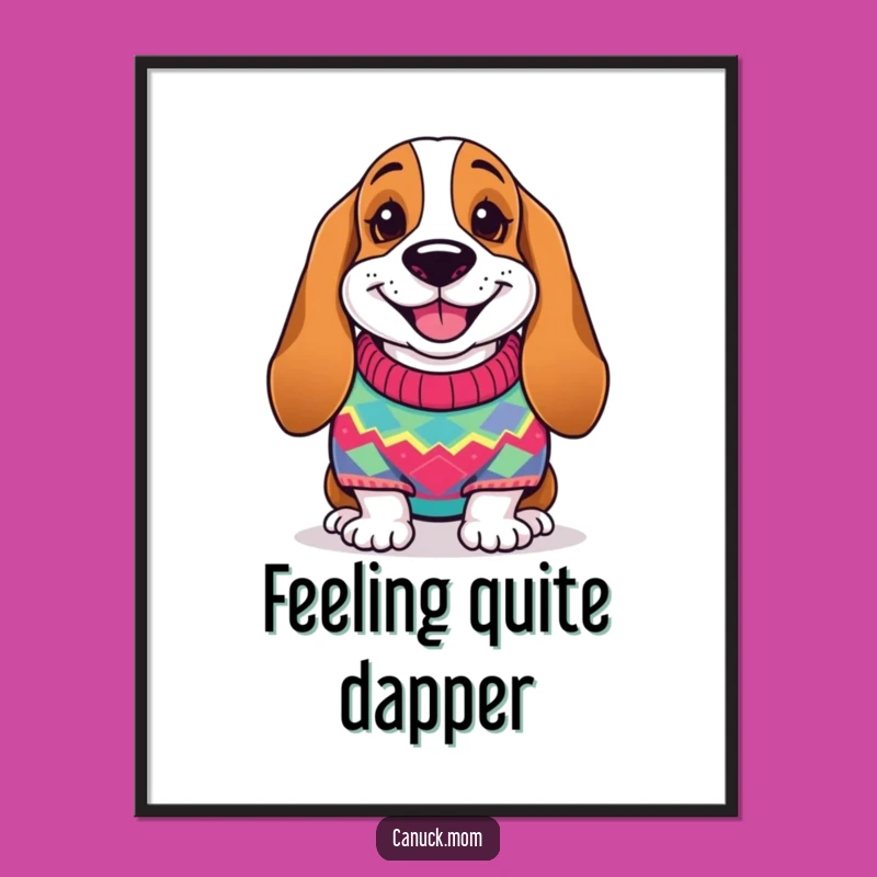Funny Basset Hound Sweater Poster - Cheerful Dog in Knitwear, Charming Cozy Funny Gift