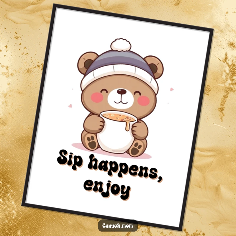 Funny poster art of a cute bear wearing a toque, joyfully sipping hot cocoa, adding cozy humor to any wall.