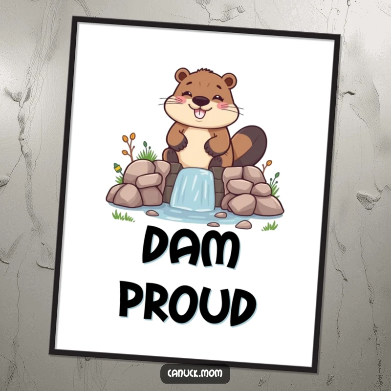 Funny Beaver Poster Print, cheerfully building a tiny, wonky dam, adding whimsical and humorous DIY art.