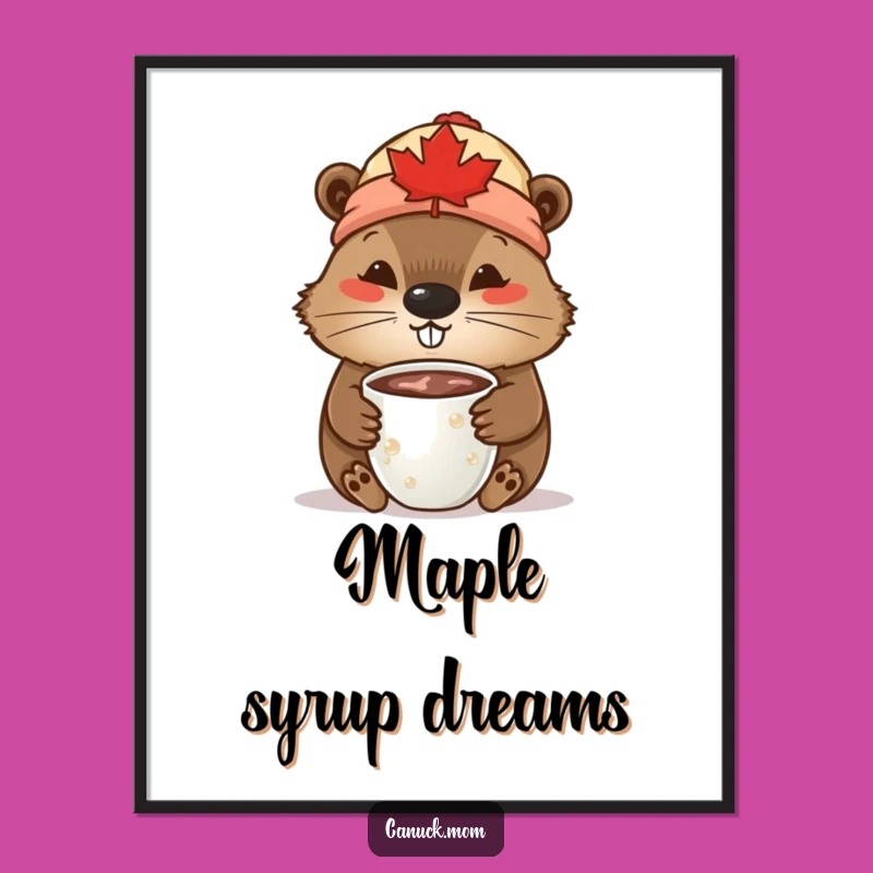 Funny Beaver Poster: Maple Leaf Toque Cocoa Art, Cozy Canadian Funny Gift Decor