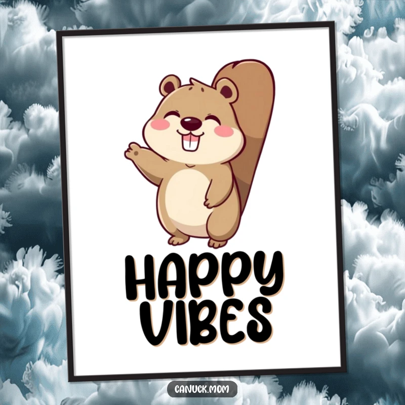 Funny poster of an animal character with a beaver tail, enthusiastically waving hello to viewers.