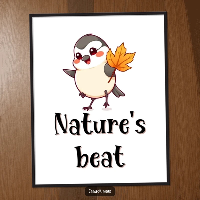 Funny cheerful chickadee tapping foot with a maple leaf, displayed as vibrant wall art on a poster.