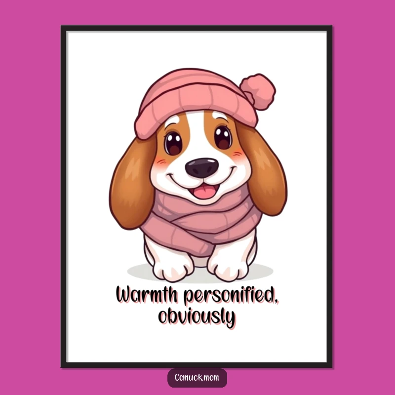 Funny Cozy Basset Hound Poster: Winter Dog Art, Smiling Hound Decor