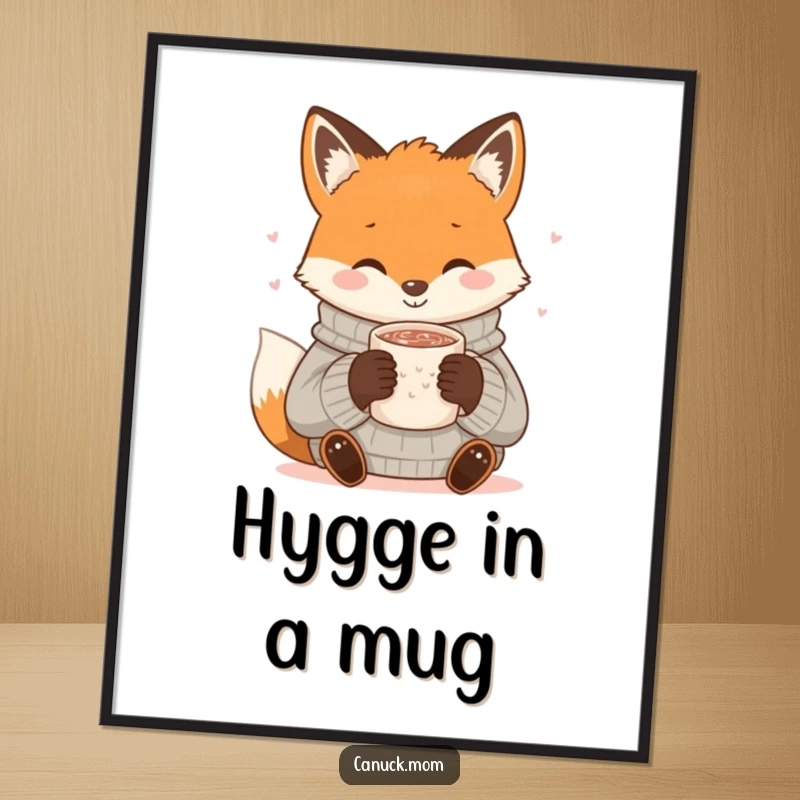 Funny Fox Cocoa Poster: A smiling fox in a cozy sweater sips hot cocoa, creating a heartwarming and humorous artwork.