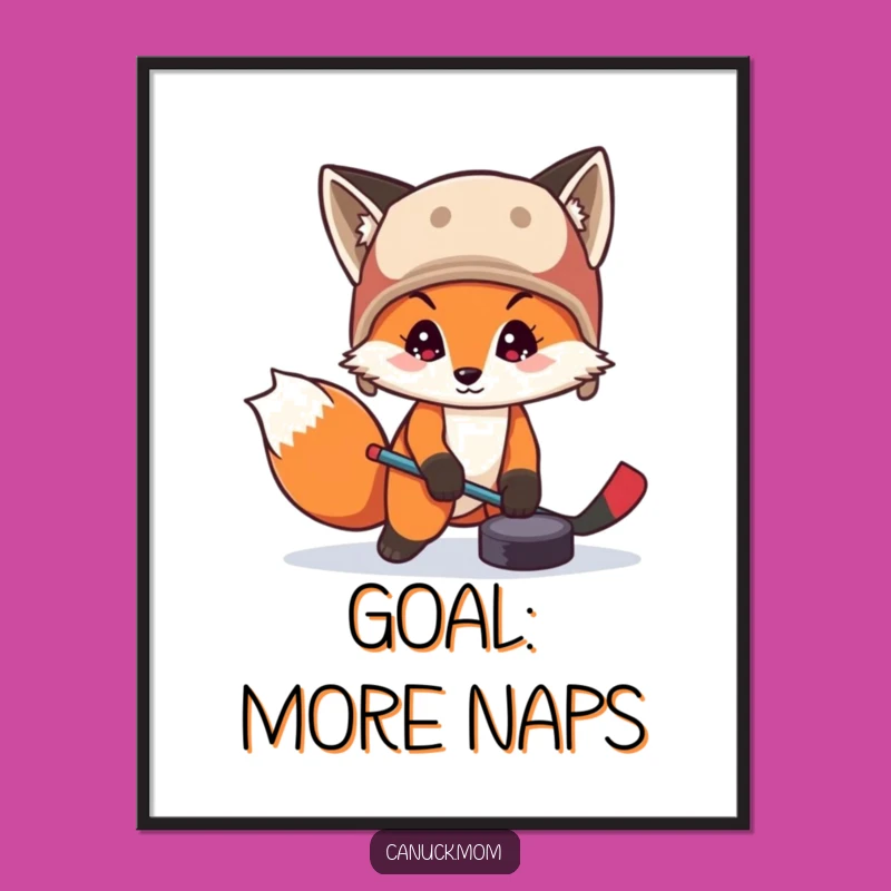 Funny Fox Hockey Puck Poster: Trapper Hat Winter Sports Art