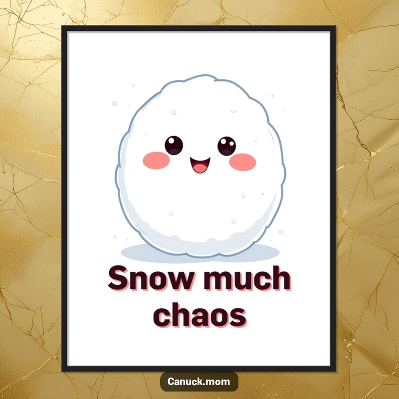 Funny Kawaii Snowball Poster showing a cute, smiling snowball character in the act of throwing, ideal for winter decor and a funny gift.