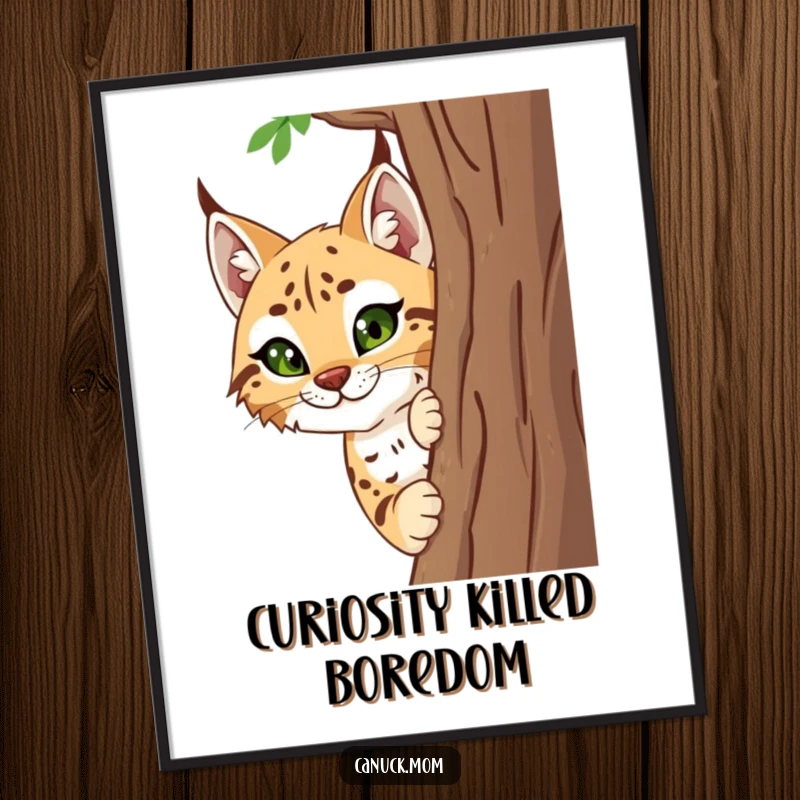 Funny Lynx Poster depicting a smiling lynx peeking from behind a tree, perfect for humorous wall art.