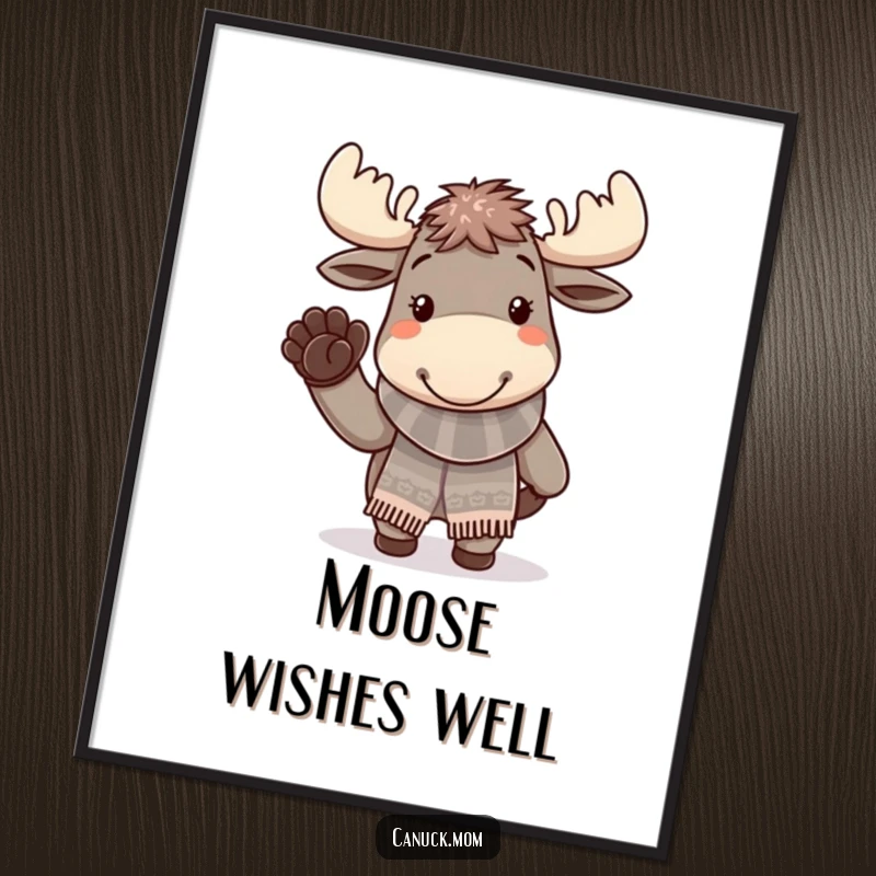 Funny, cheerful moose in a knitted scarf waving, creating a humorous winter-themed poster.