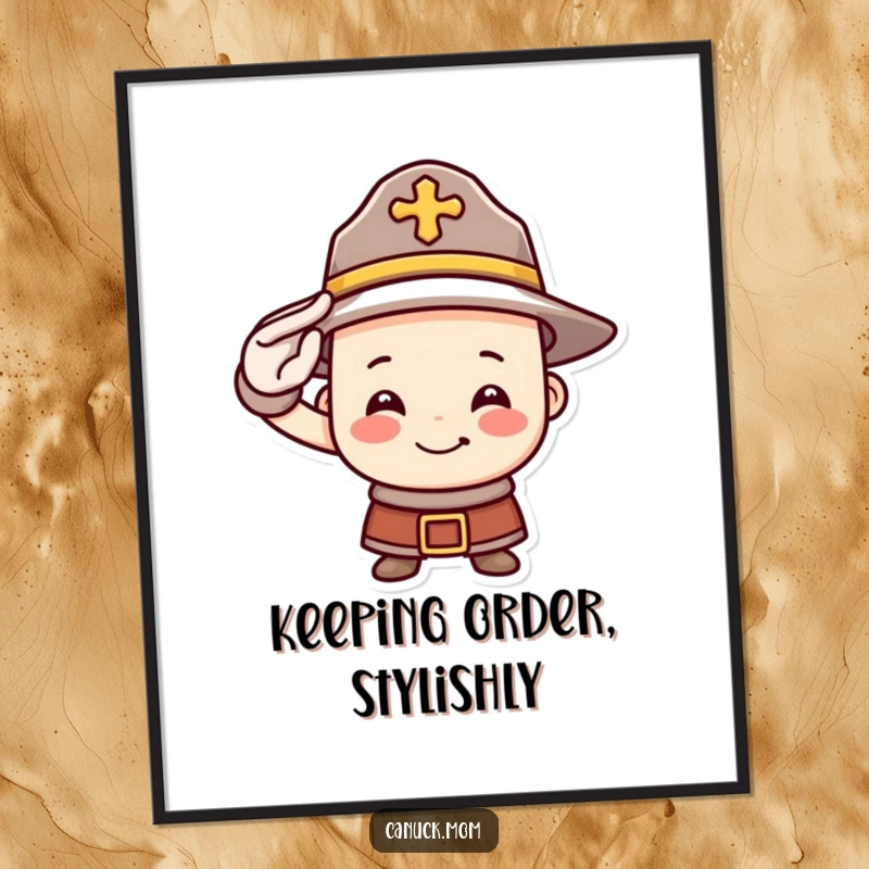 Funny Mountie hat poster displaying a smiling face bravely saluting, perfect for adding humorous Canadian charm and character to any wall space.