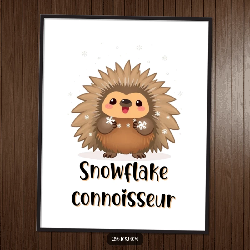 Funny proud porcupine showcasing tiny snowflakes, presented as captivating wall art on a poster.
