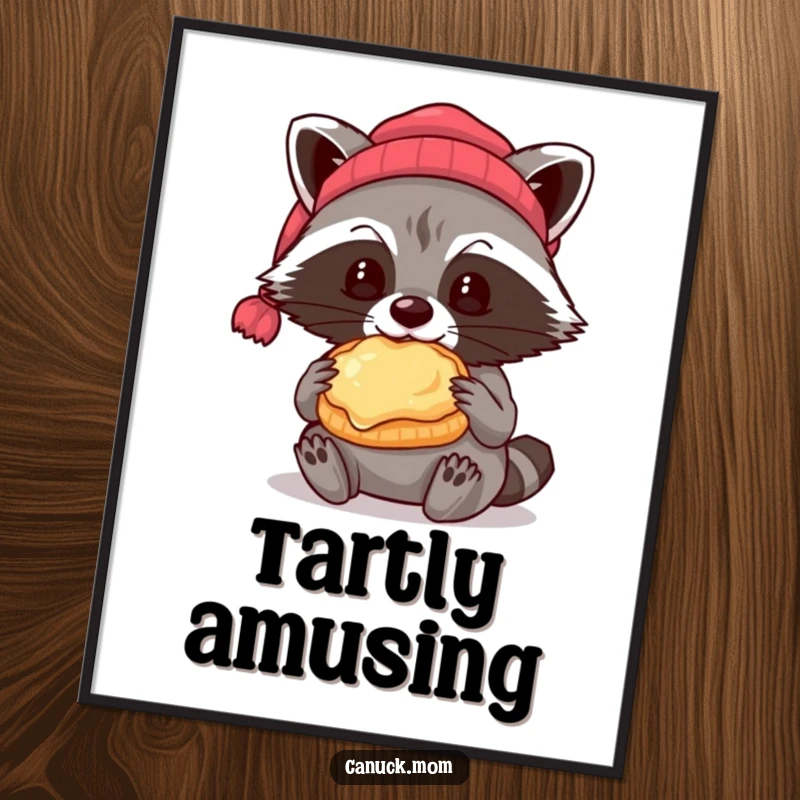 Funny raccoon in a beanie eating a butter tart, cute and humorous poster for wall decor.