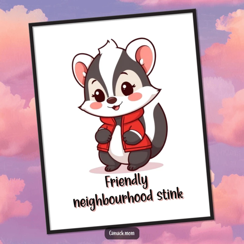 Funny Skunk Poster in a red jacket, looking incredibly friendly and stylish, adding humorous appeal to decor.