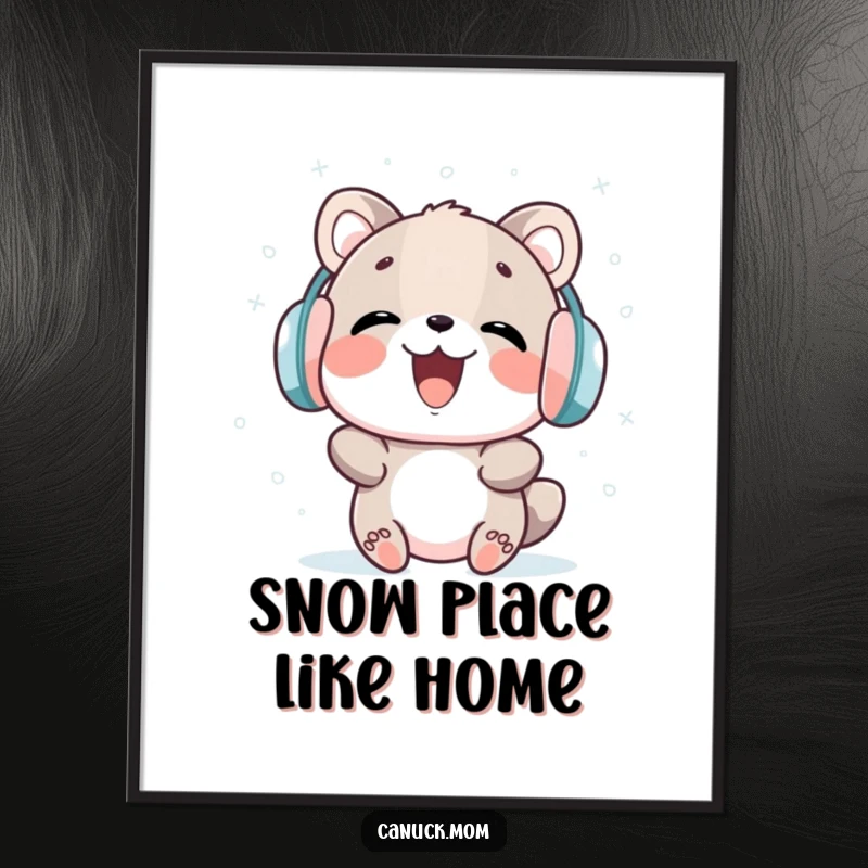 Funny poster art of an animal in earmuffs, laughing joyfully while catching abundant snowflakes, capturing winter's fun.