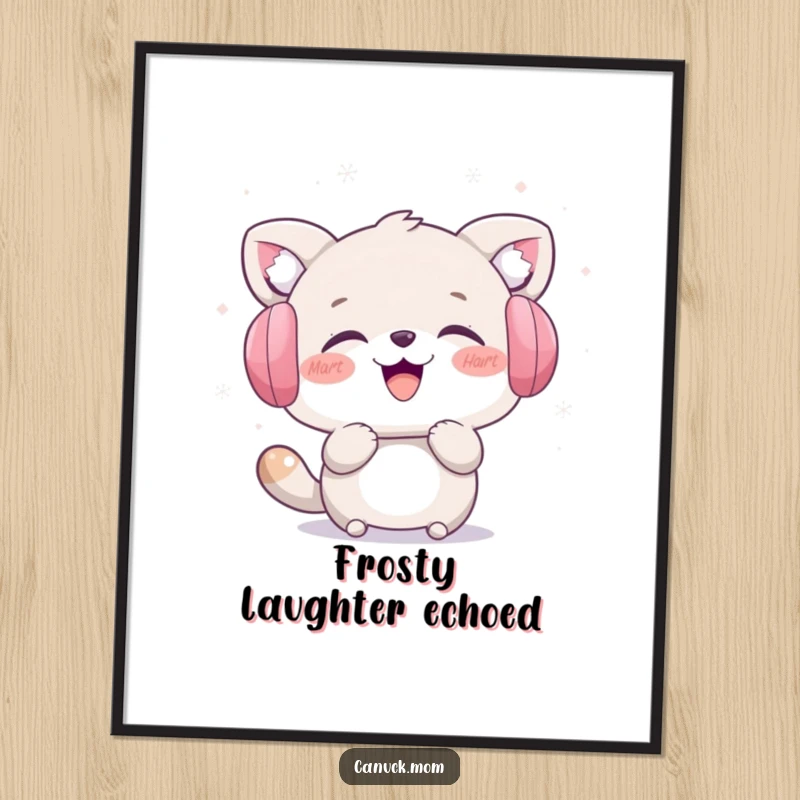 Funny winter poster showcasing an animal character in earmuffs laughing while catching snowflakes. Humorous wall art gift.