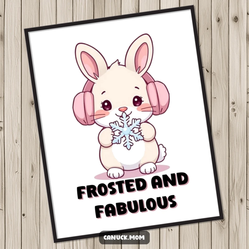 Funny snow bunny rabbit with ear muffs holding a snowflake, cheerful wall art for winter enthusiasts.