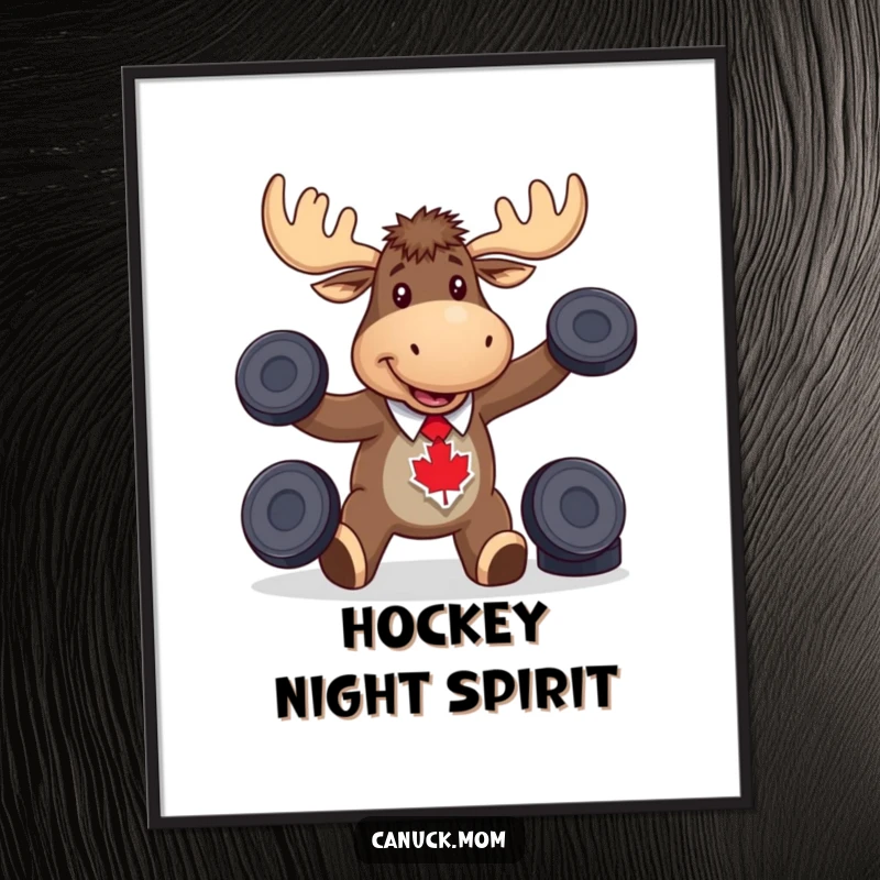Funny moose wearing a maple leaf tie, skillfully juggling multiple hockey pucks, perfect for sports-themed wall art.
