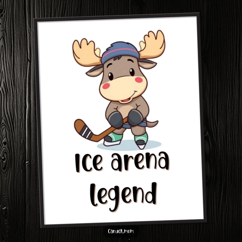 Funny moose character prepared to play hockey, holding his stick, displayed as vibrant wall art poster.